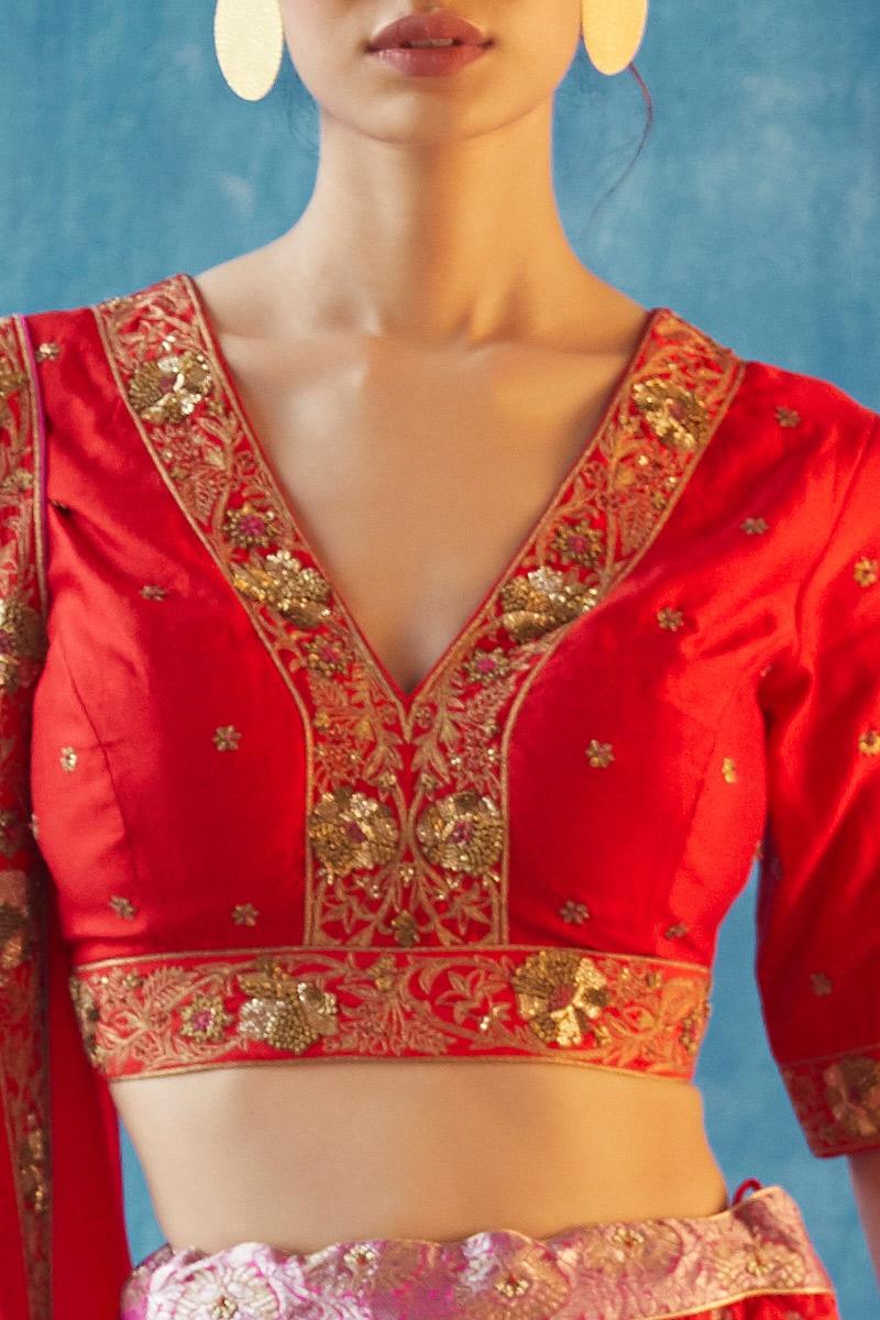 Red hand woven and georgette silk pragya lehnga set