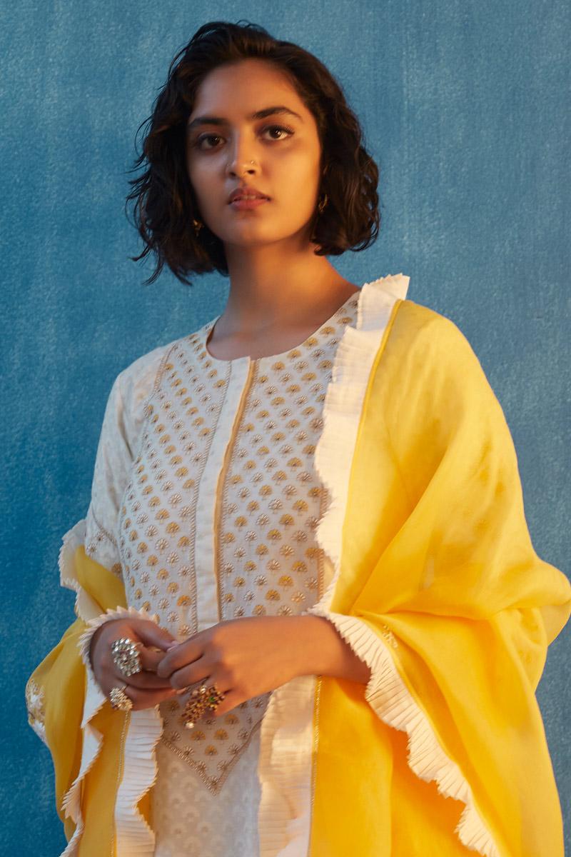 Ivory and yellow handwoven cotton sneha kurta set 