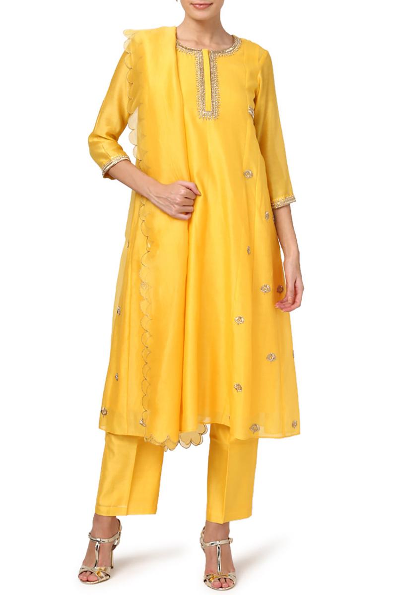 Yellow long kurta paired with pallazo pants & organza dupatta