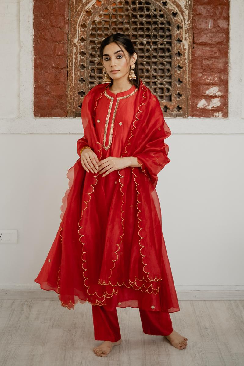 Red long kurta paired with pallazo pants & organza dupatta