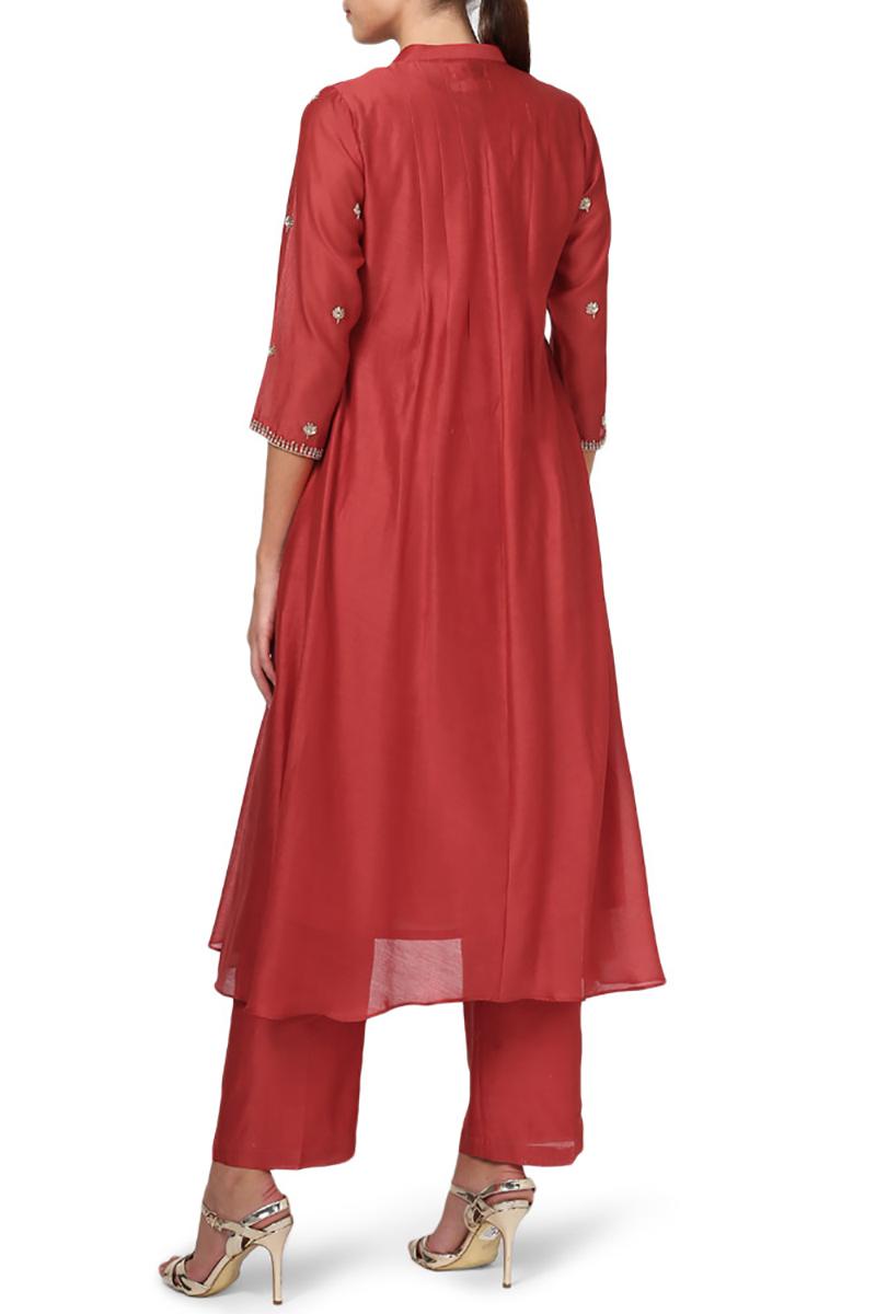 Red long kurta paired with pallazo pants & organza dupatta