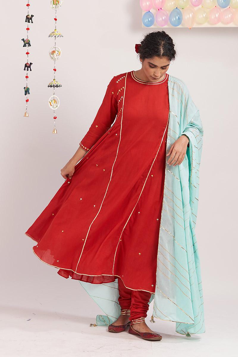 Red Charkhi cotton kurta set
