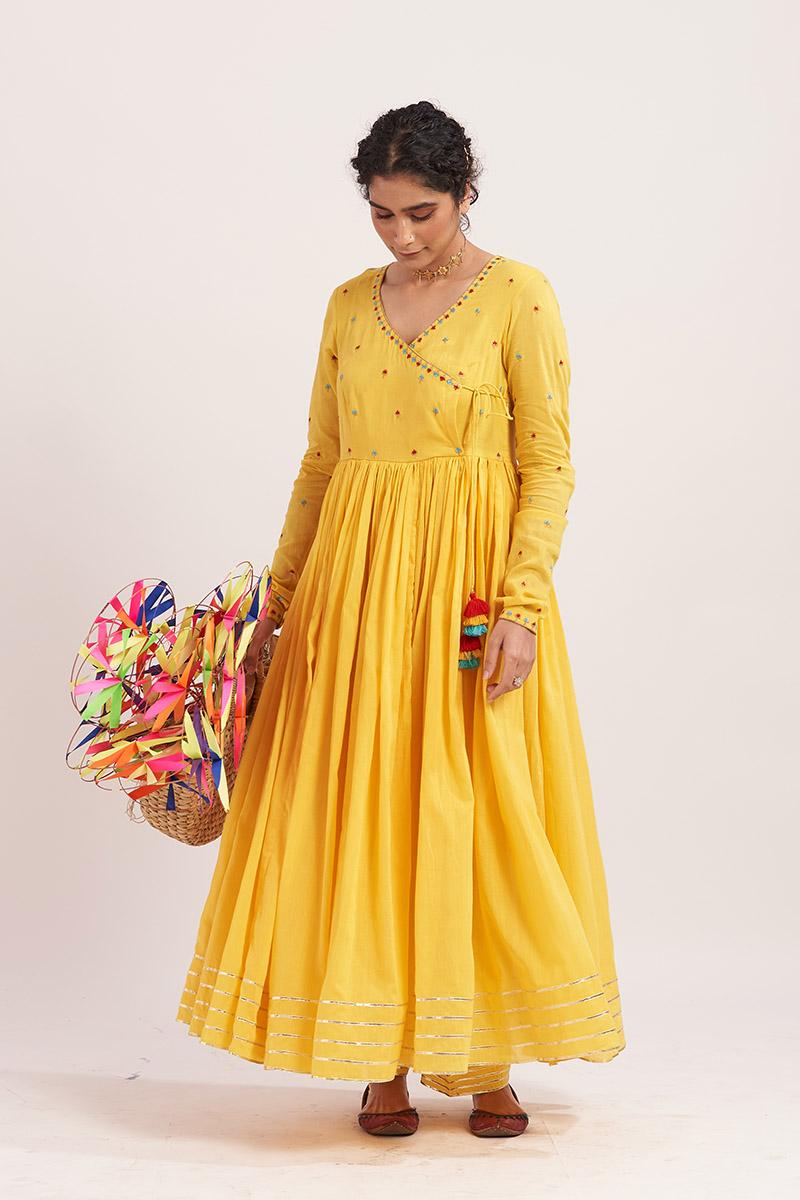 Yellow peetal cotton angrakha kurta set