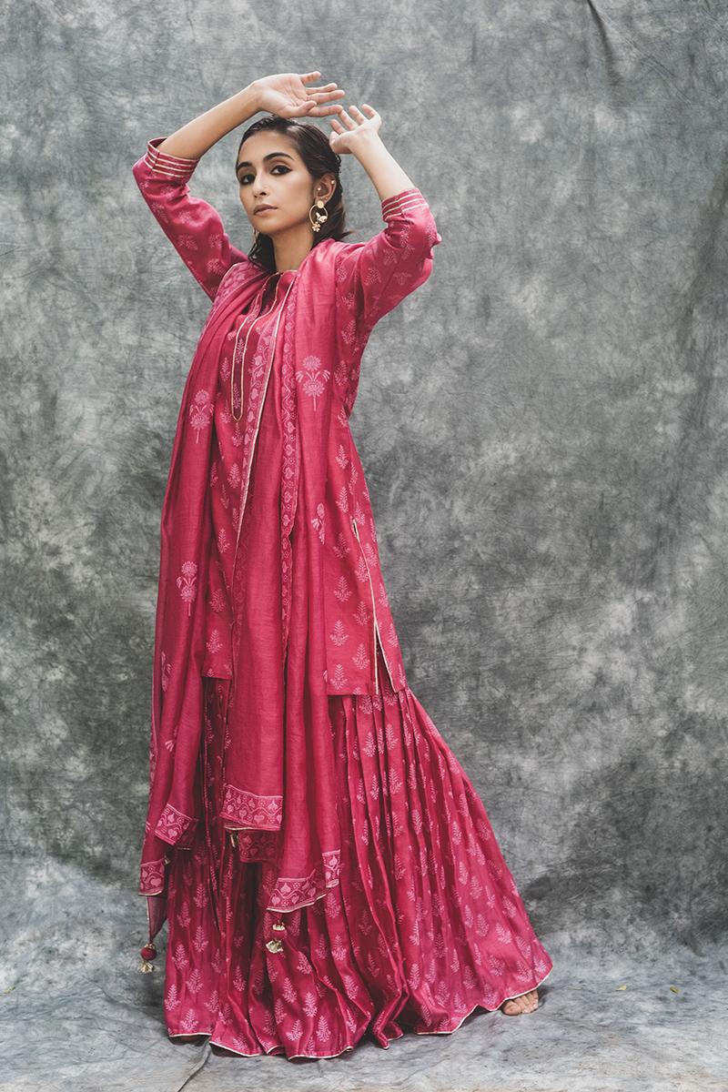Pink Chanderi hand block printed short kurta set