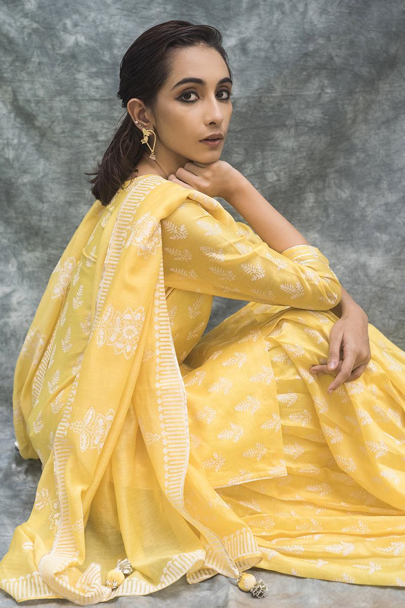 Yellow Chanderi hand block printed short kurta set