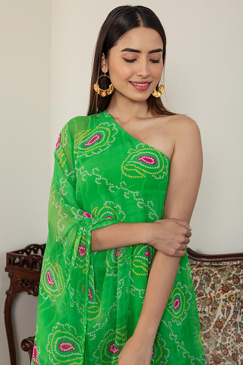 Green Bandhani Off Shoulder Kaftan with Attached Slip Kaftan