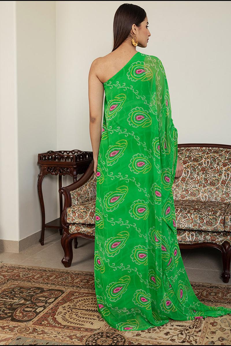 Green Bandhani Off Shoulder Kaftan with Attached Slip Kaftan
