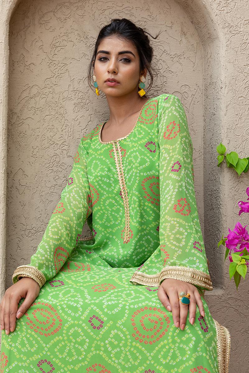Green Bandhani Kaftan with attached Slip Kaftan