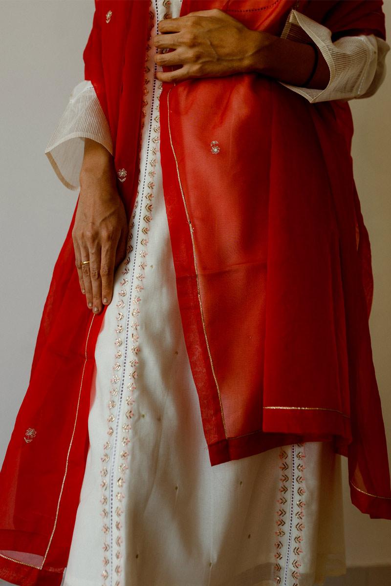 ivory and red chanderi and organza and cotton Kurta and pants