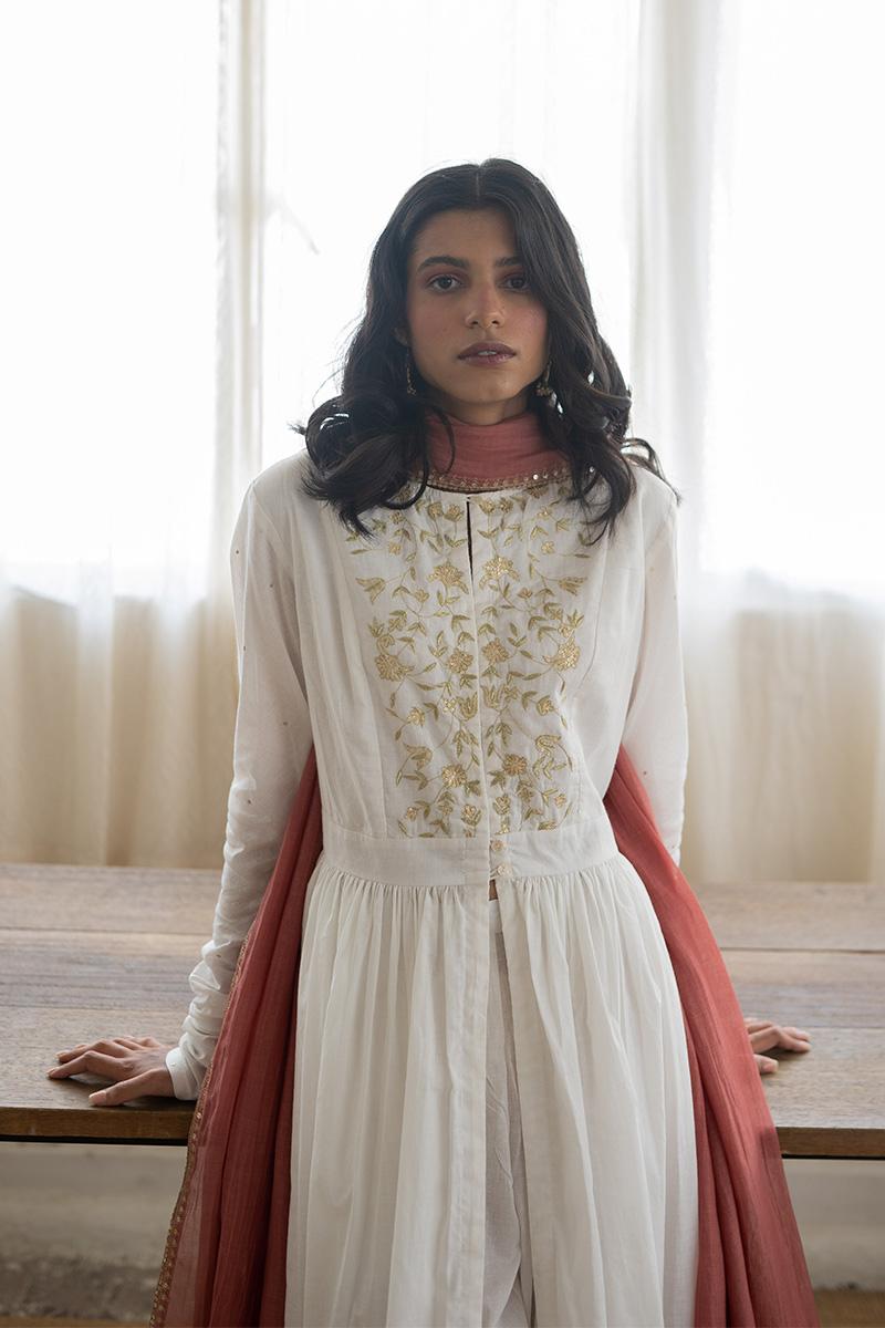 ivory and old rose Handwoven chanderi Dress