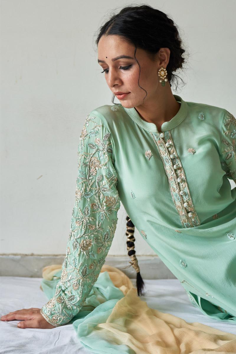 Pista kurta sleeved embroidery, chudhidar set and dupatta