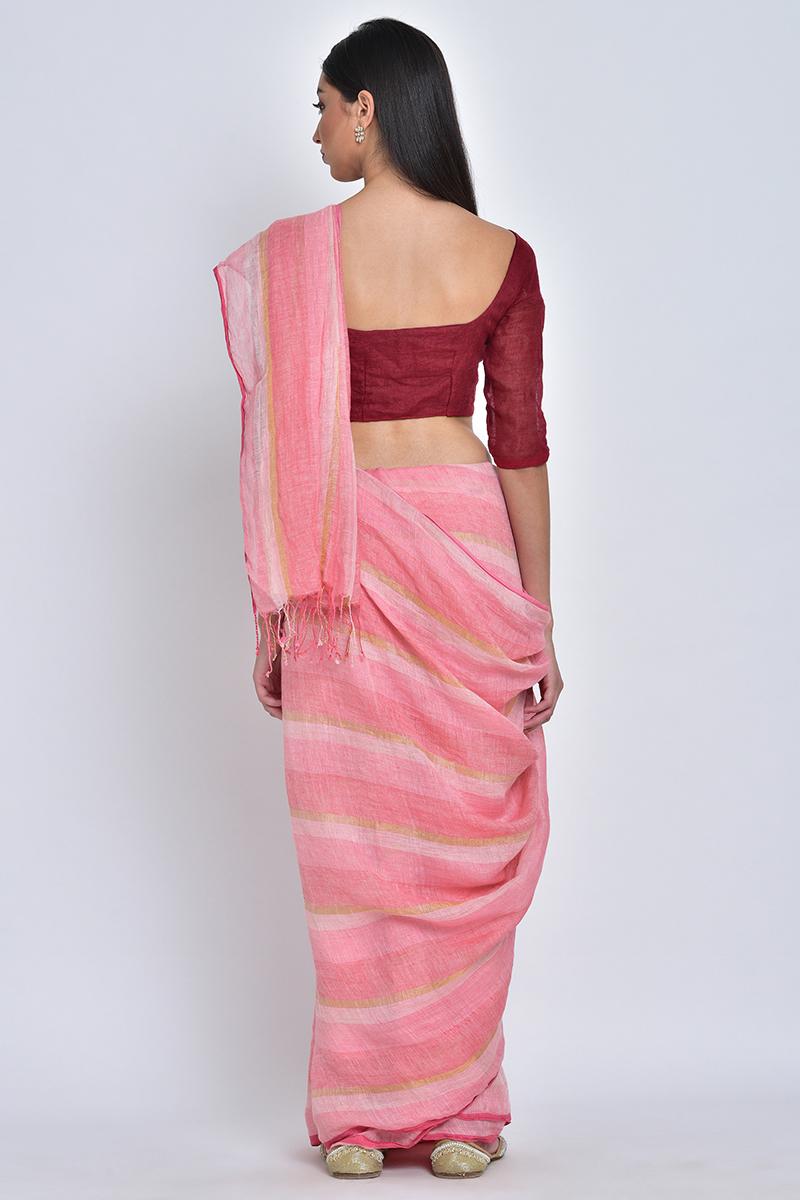 Pink & Golden Tanisi Handwoven Linen Sari