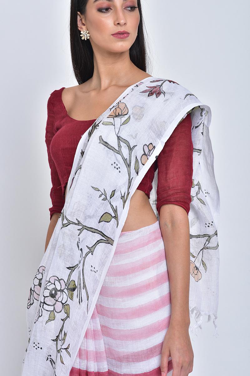 Multicolor Heer Handpainted Linen Sari