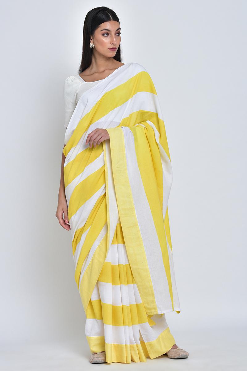 Yellow & White Ekaa Handpainted organic cotton sari