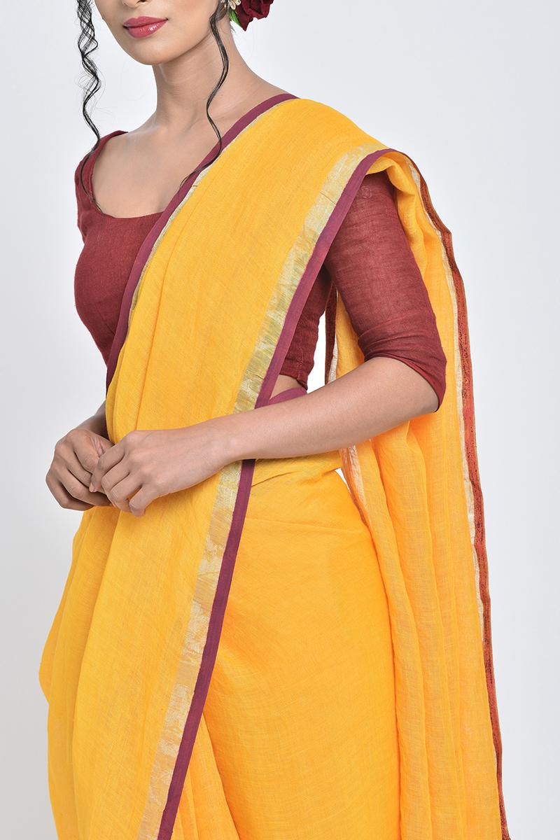 yellow genda i handwoven linen sari