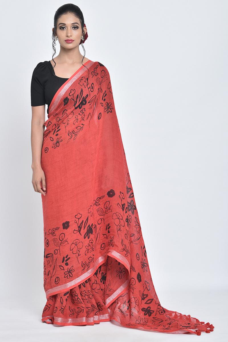 red & black gulmohar i handpainted linen sari