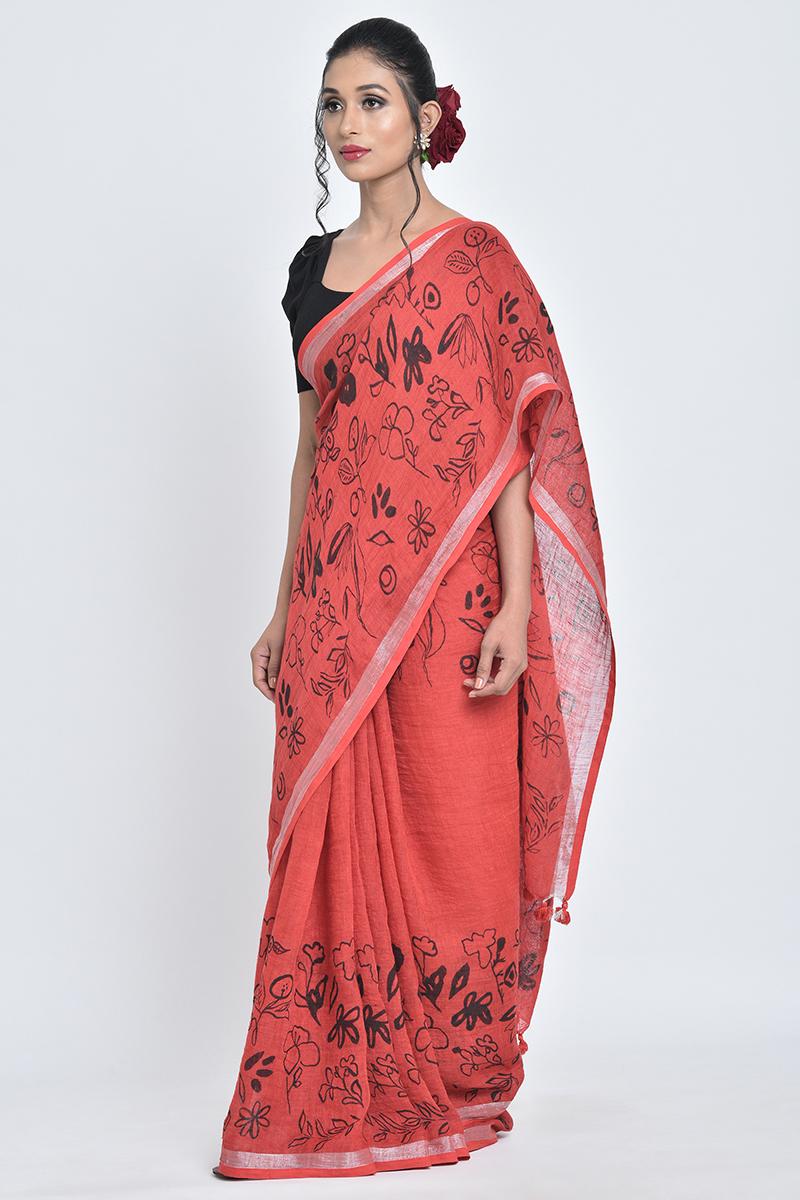 red & black gulmohar i handpainted linen sari