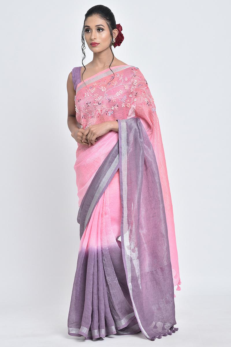 purple & pink bahar | hand embroidered linen sari