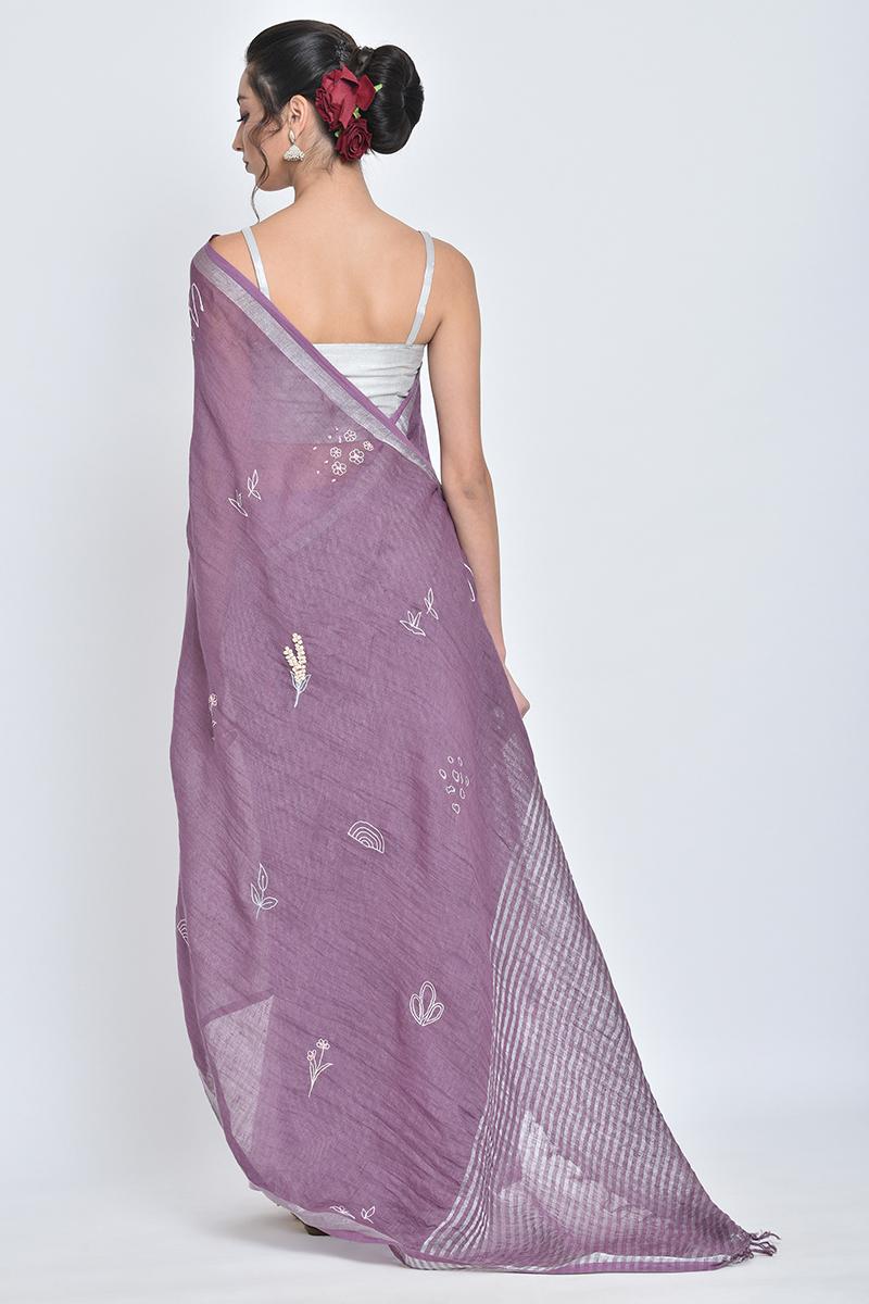 purple kumud i hand-embroidery linen sari