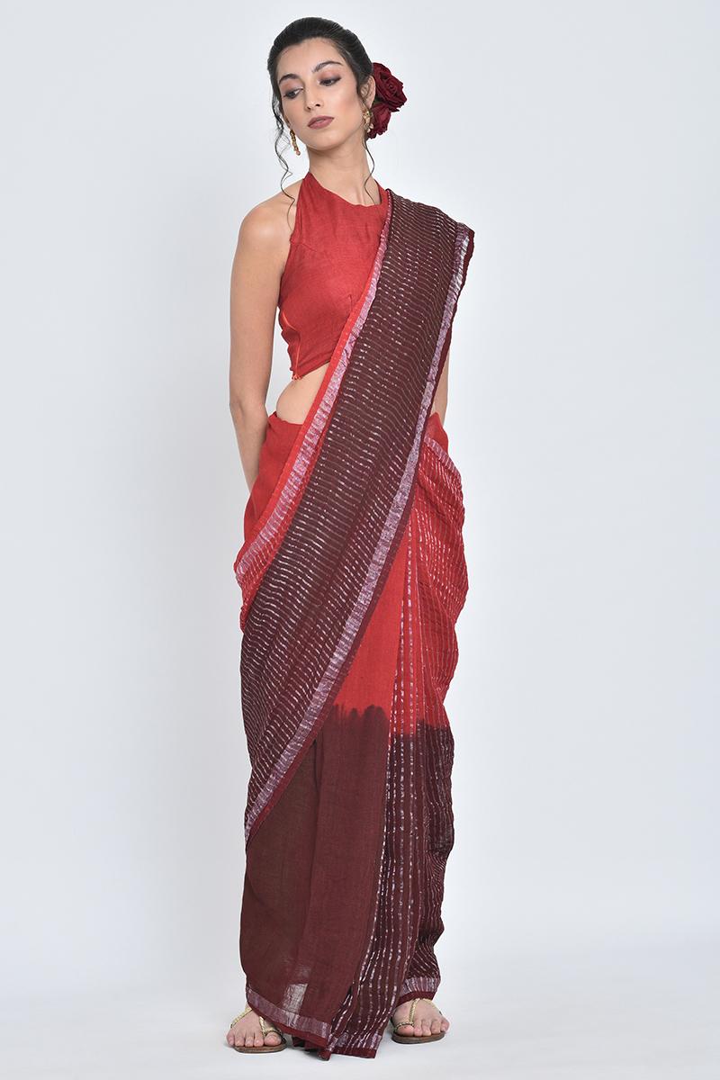 red & maroon gudhal i handwoven dual shade linen sari