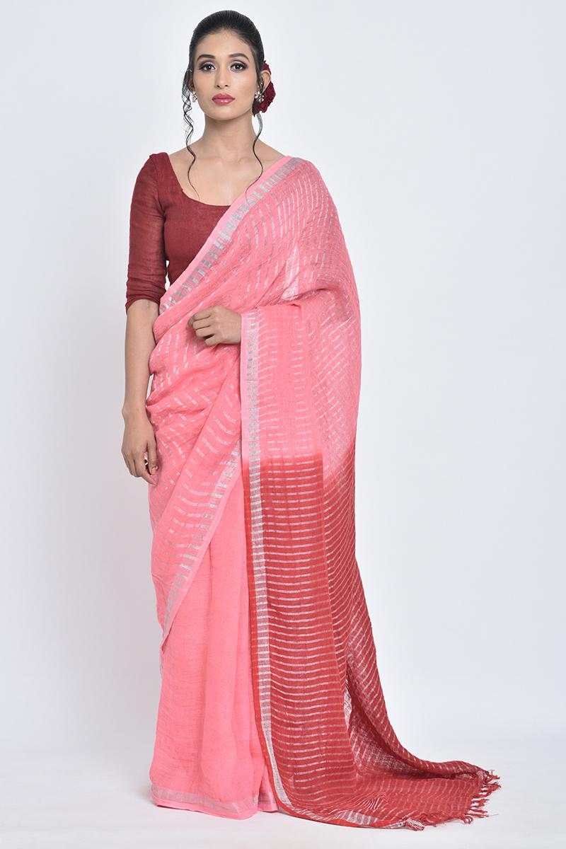 pink & red kesar i handwoven dual shade linen sari