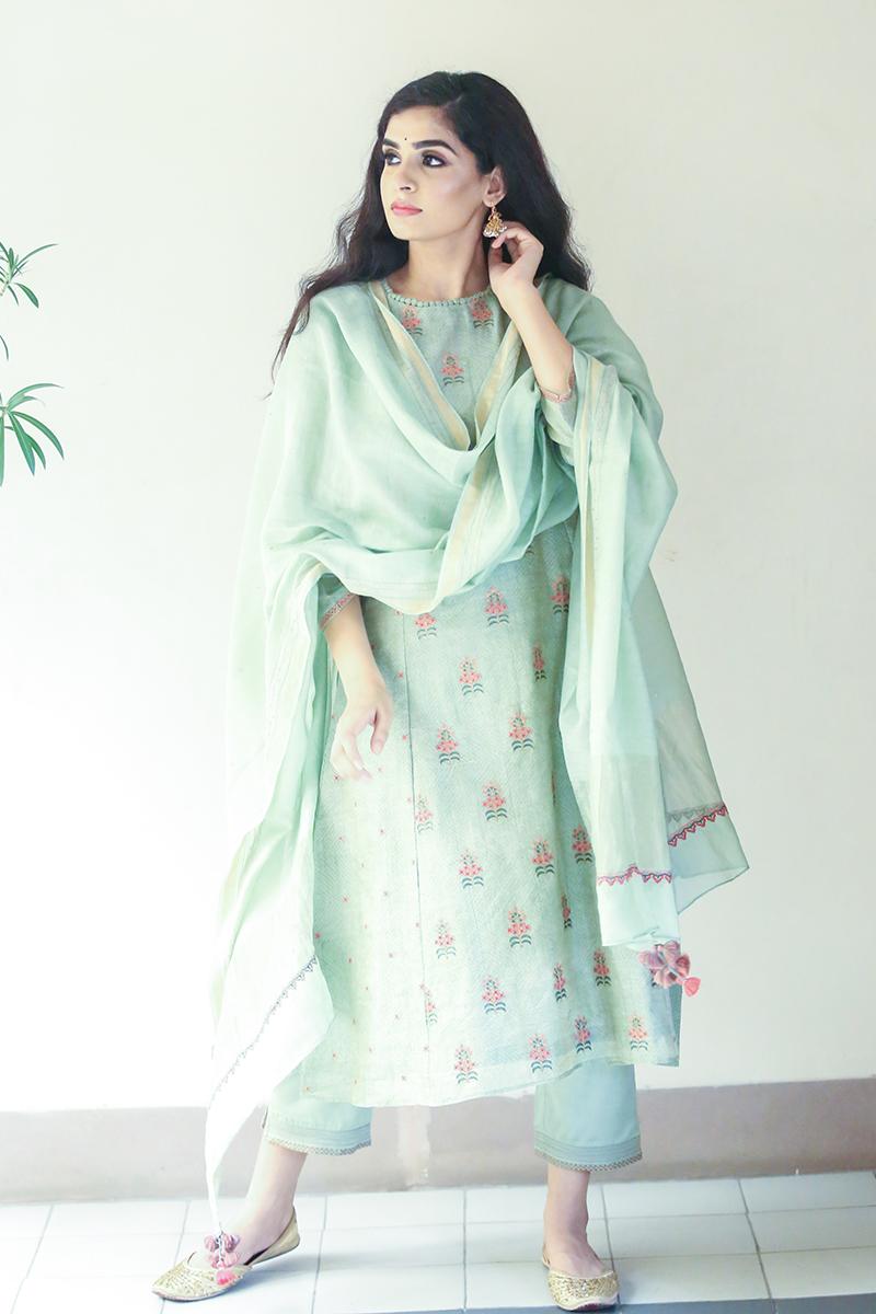 Turquoise prince line embroidered kurta set