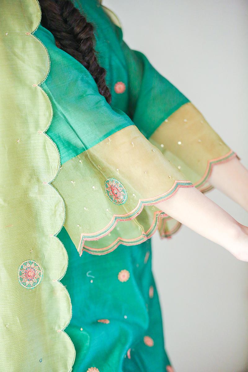Green chanderi embroideredscalloped dupatta kurta set