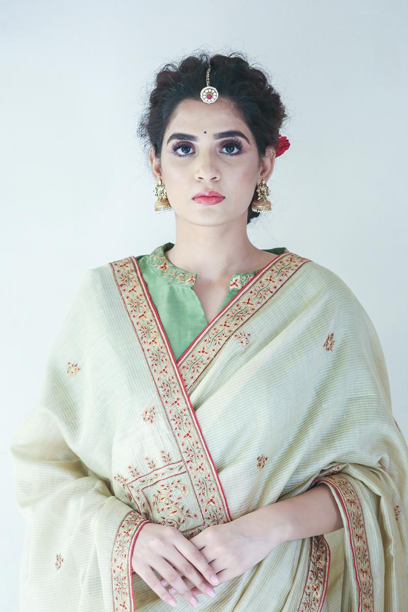 Beige chanderi embroidered saree