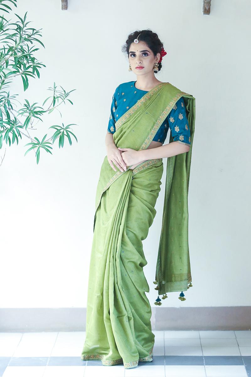 Green chanderi embroidered saree
