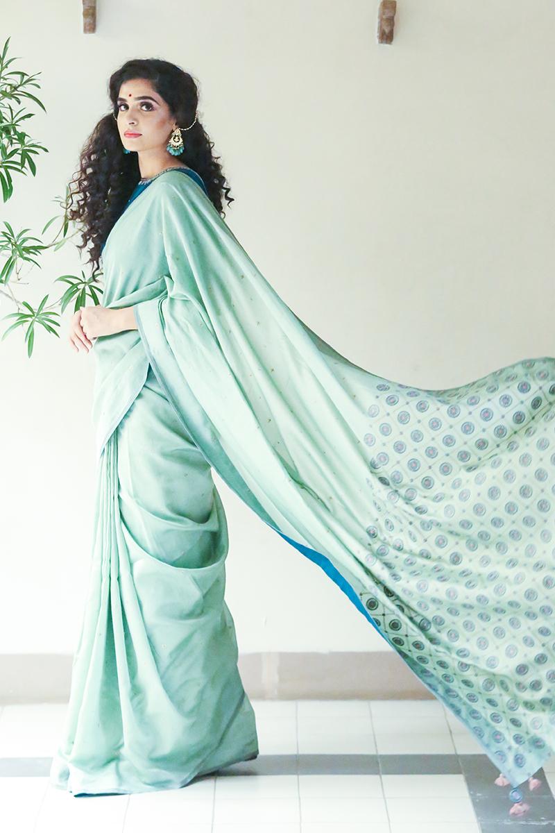 Turquoise chanderi embroidered saree