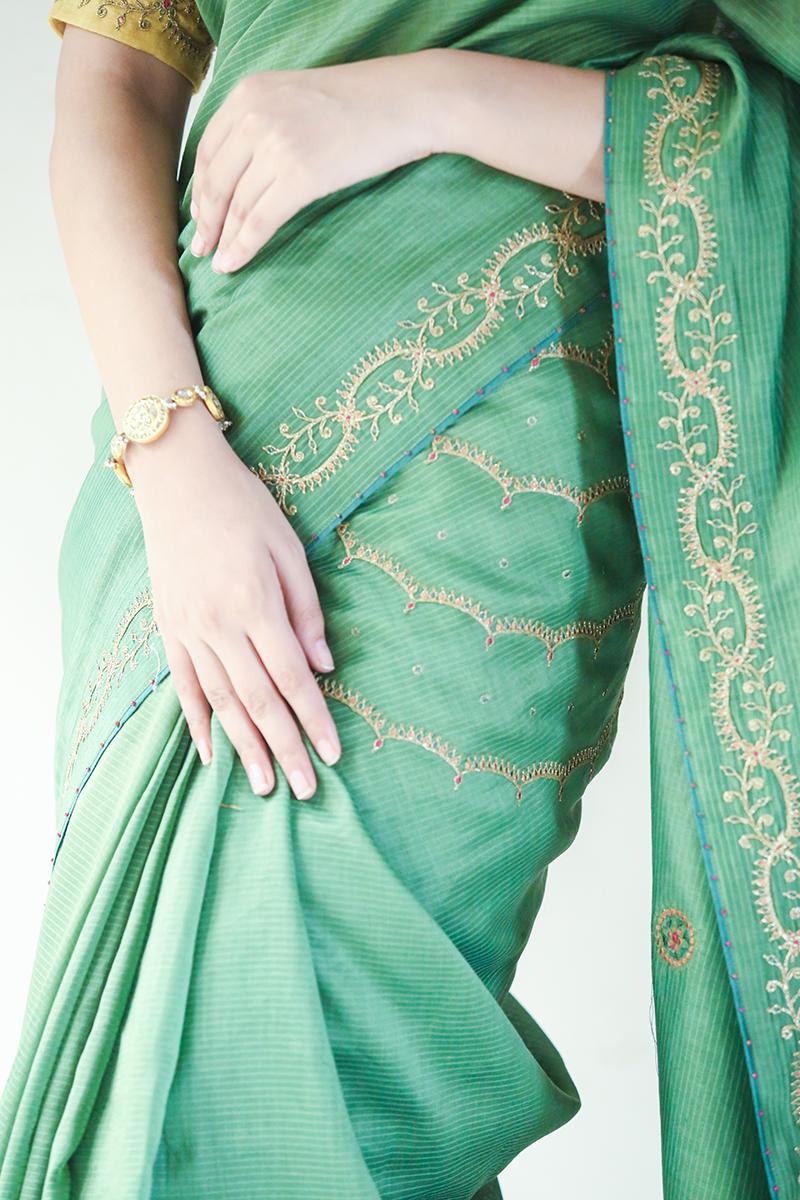 Green/red chanderi dori embroidered saree