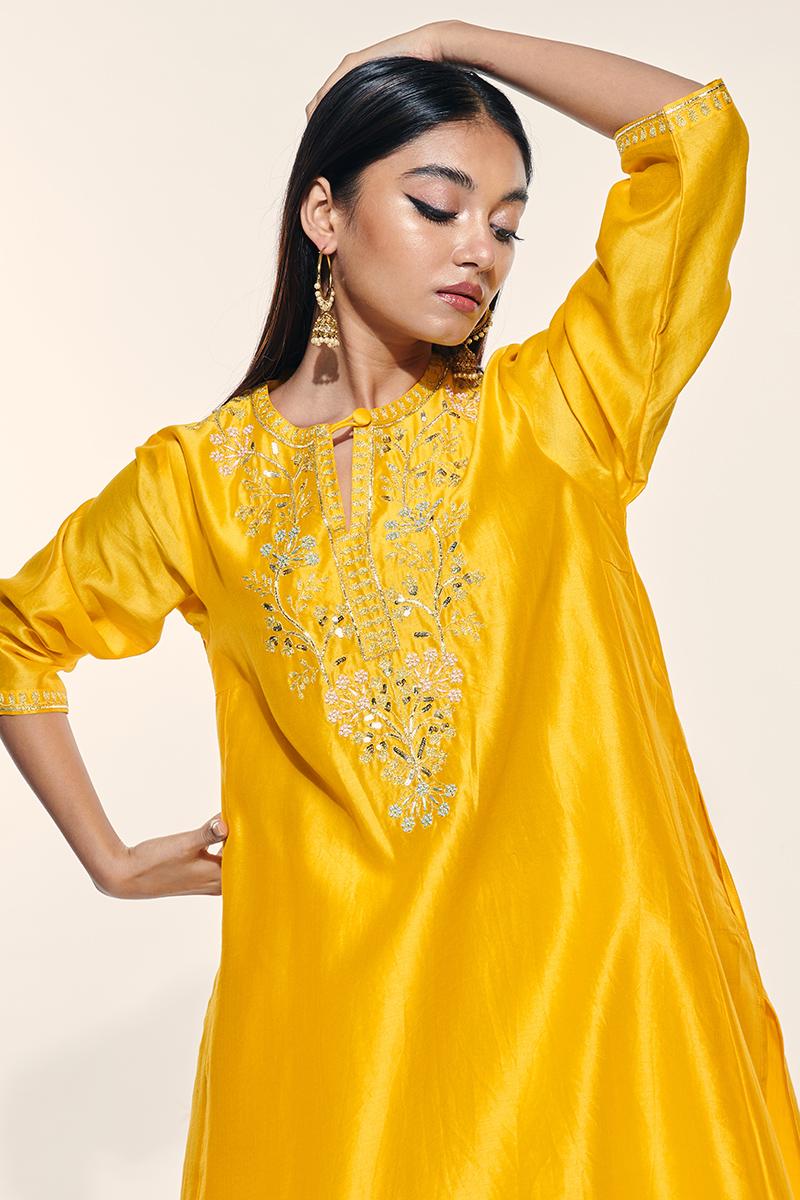 yellow chanderi cotton silk arya kurta set