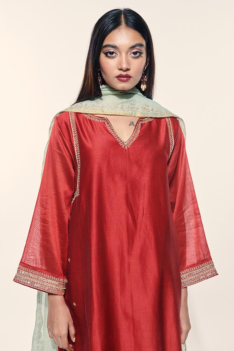 maroon chanderi cotton silk mehran kurta set