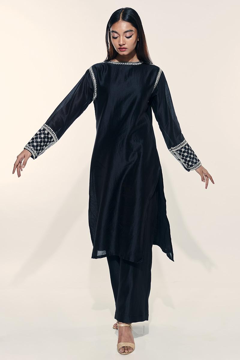 black chanderi cotton silk mehrunissa kurta set