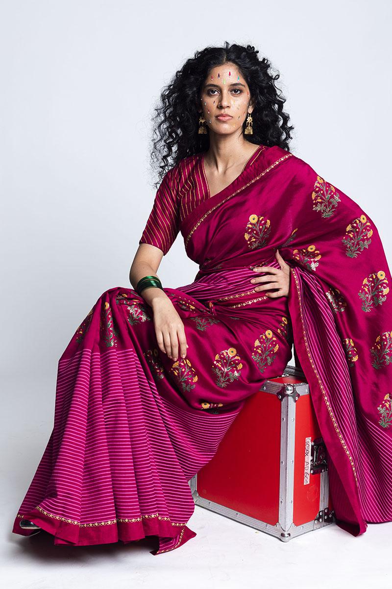 Magenta Sangli  Handwoven Silk Printed Sari 
