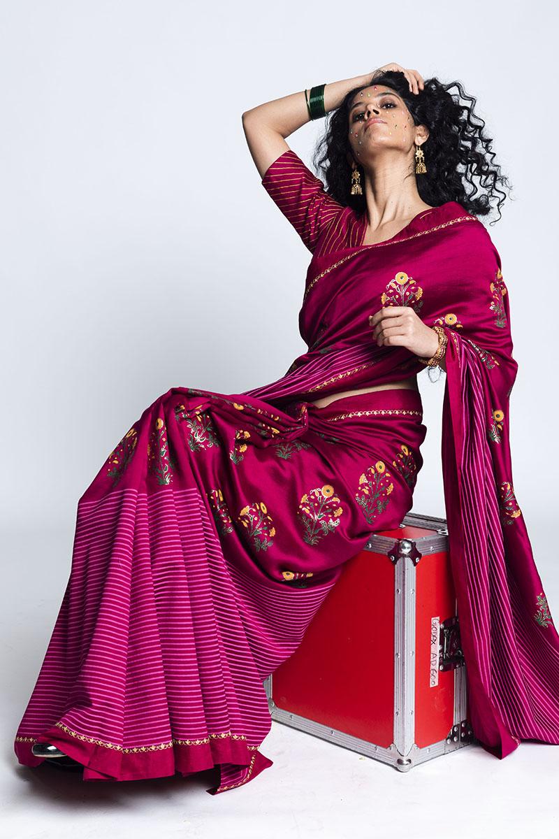 Magenta Sangli  Handwoven Silk Printed Sari 
