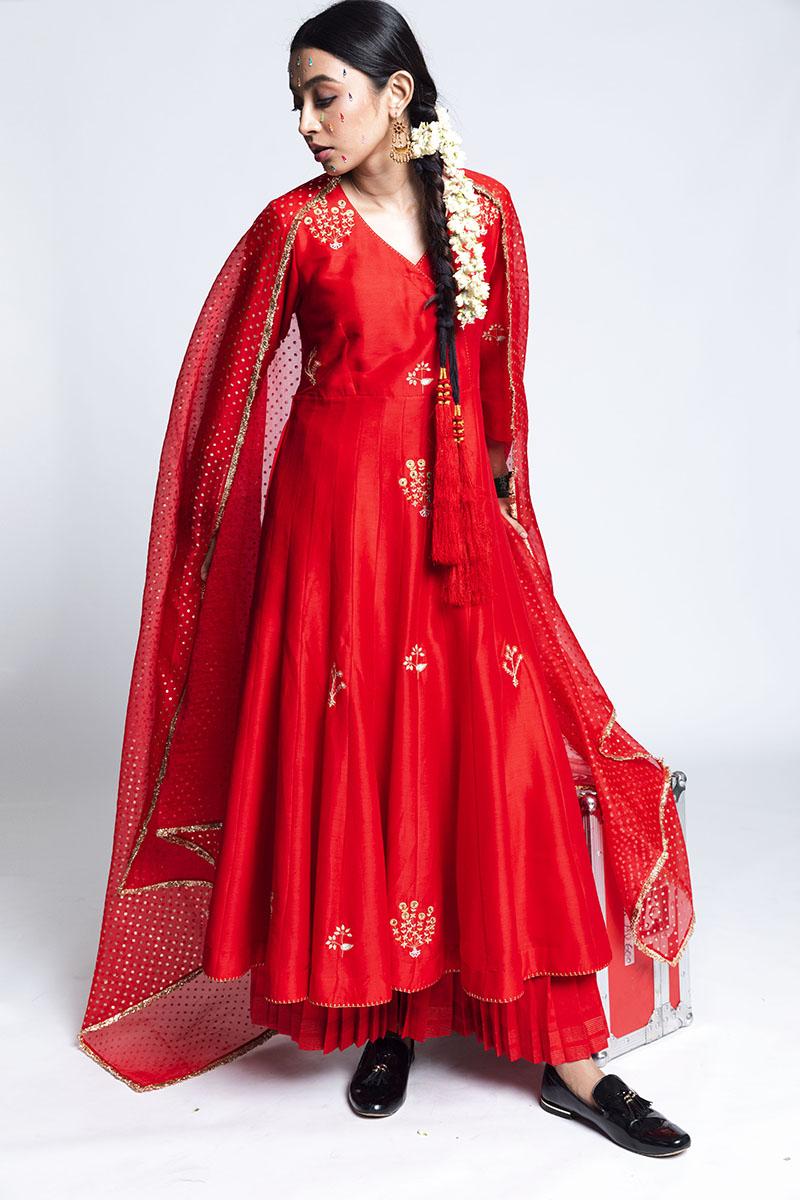 Red Alora Chanderi Silk Kalidaar Sharara Set 
