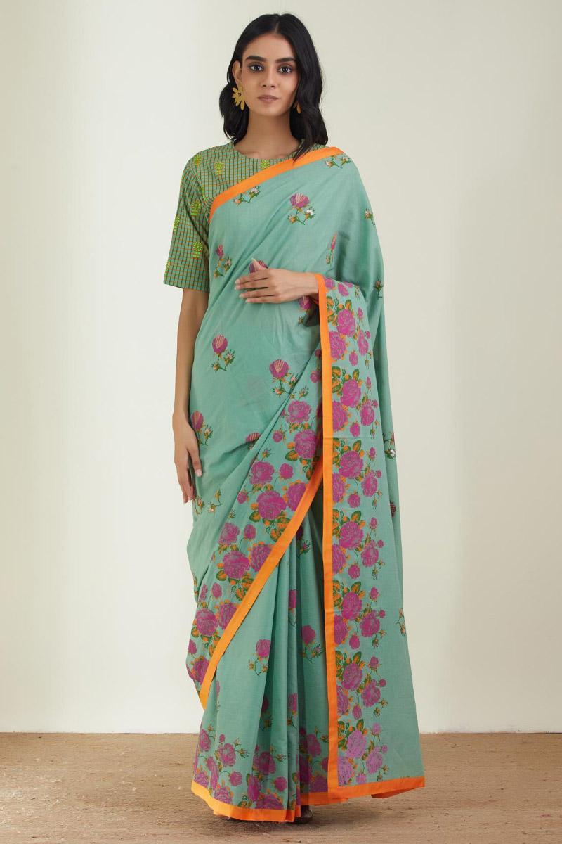 Mint Green Cotton Mal the old garden roses saree 