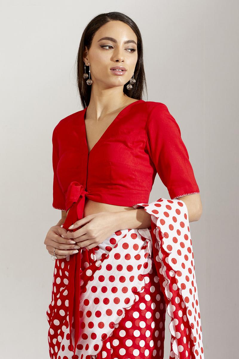 Red and white laal batasha saree and blouse 