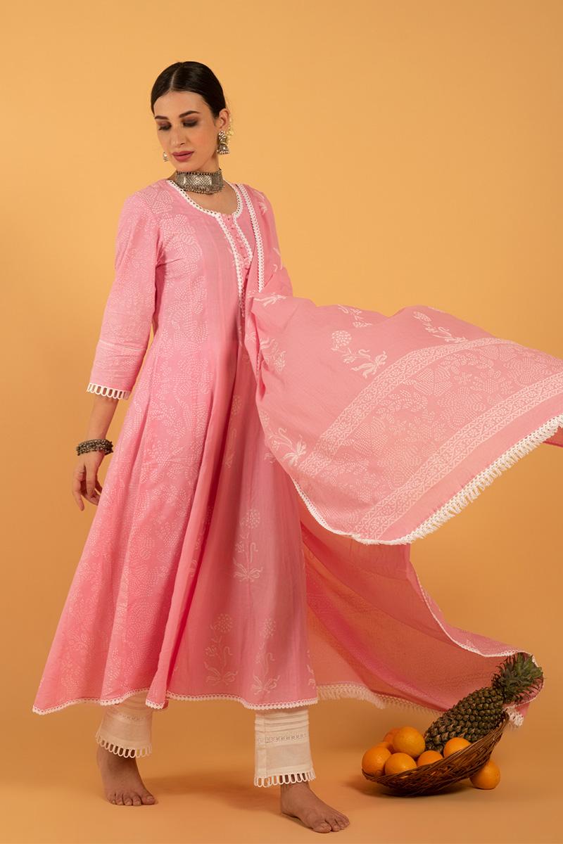 Pink Hand Printed Cotton Gulaab Khari Kalidaar Kurta set