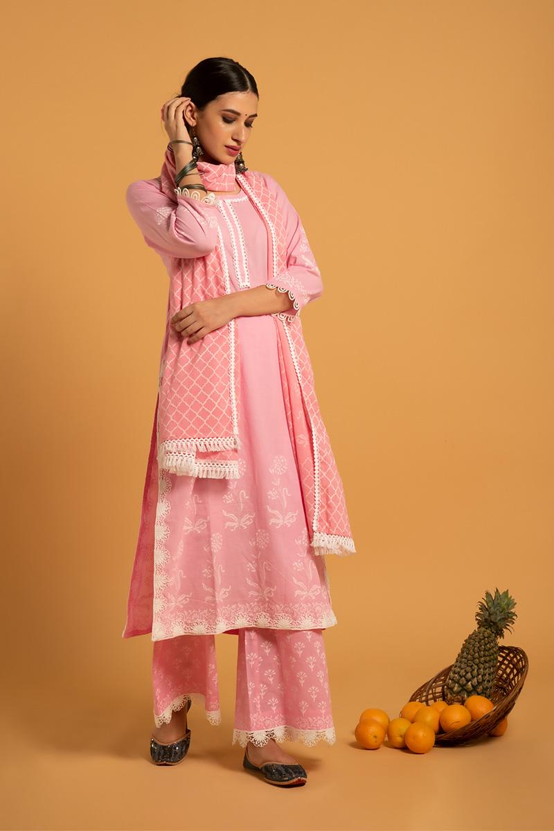 Pink Hand Printed Cotton Gulaab Khari Kurta set