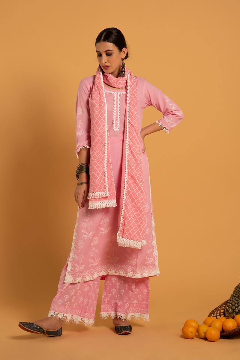 Pink Hand Printed Cotton Gulaab Khari Kurta set