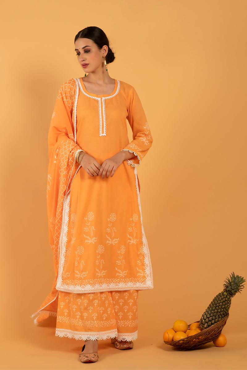 Orange Hand Printed Cotton Narangi Khari Kurta set