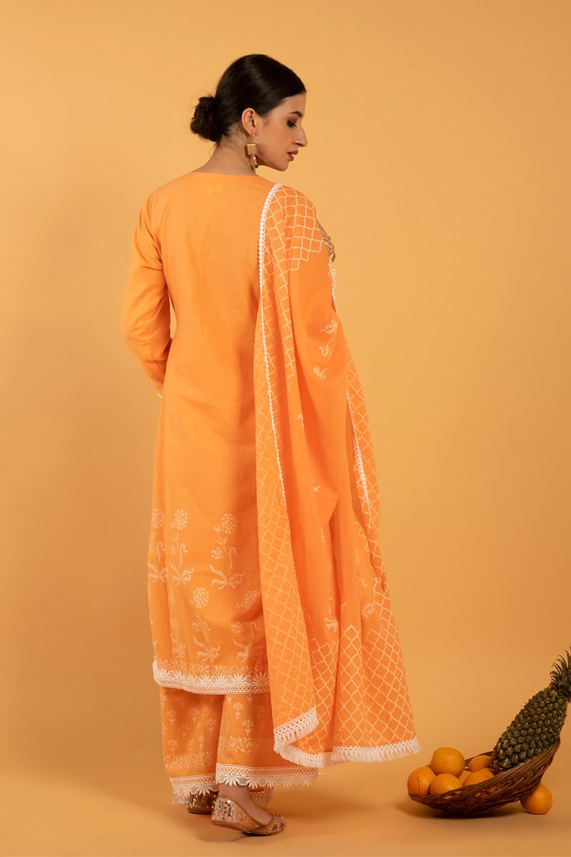 Orange Hand Printed Cotton Narangi Khari Kurta set