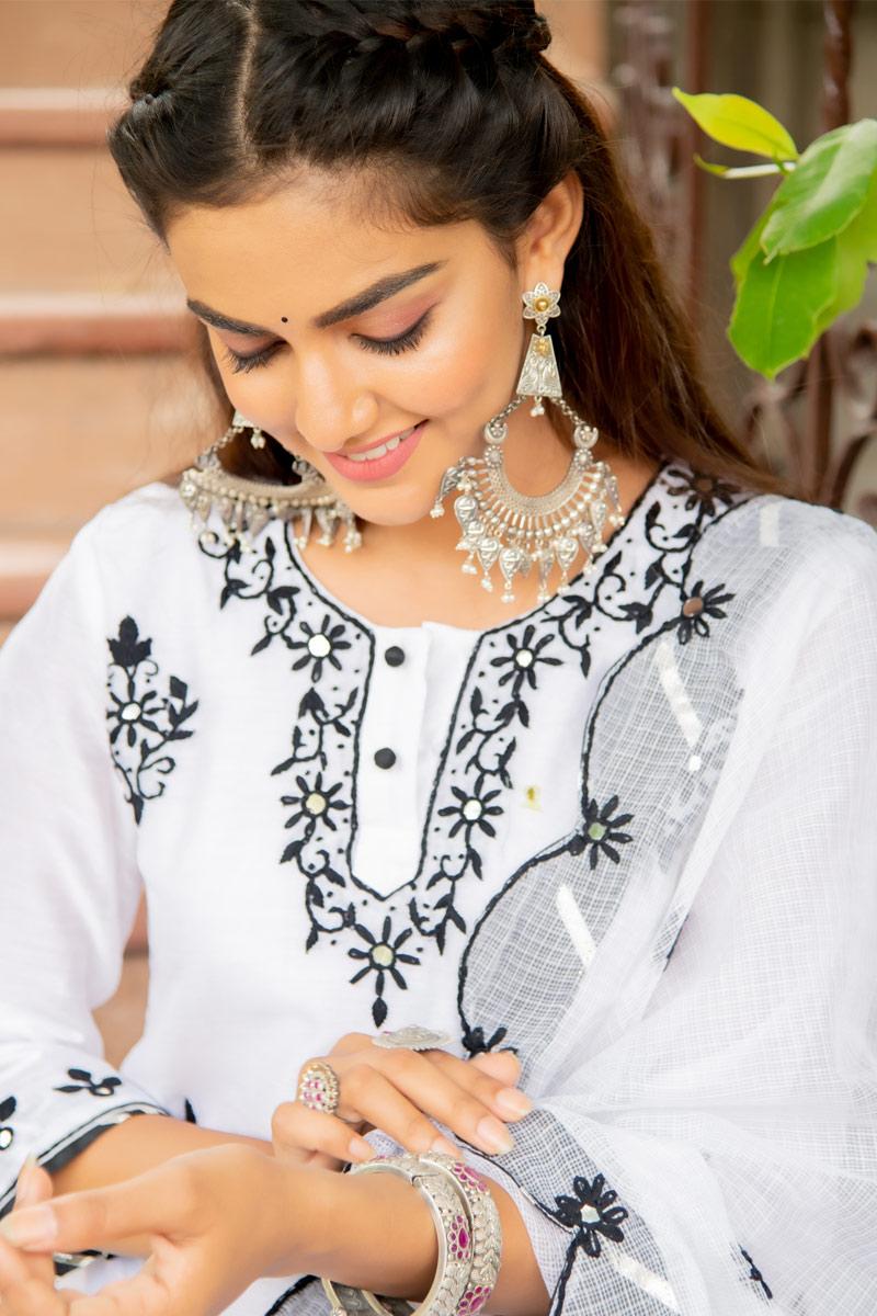 Noor Shwet Kasida Mirror & Thread Work Salwar Suit Set