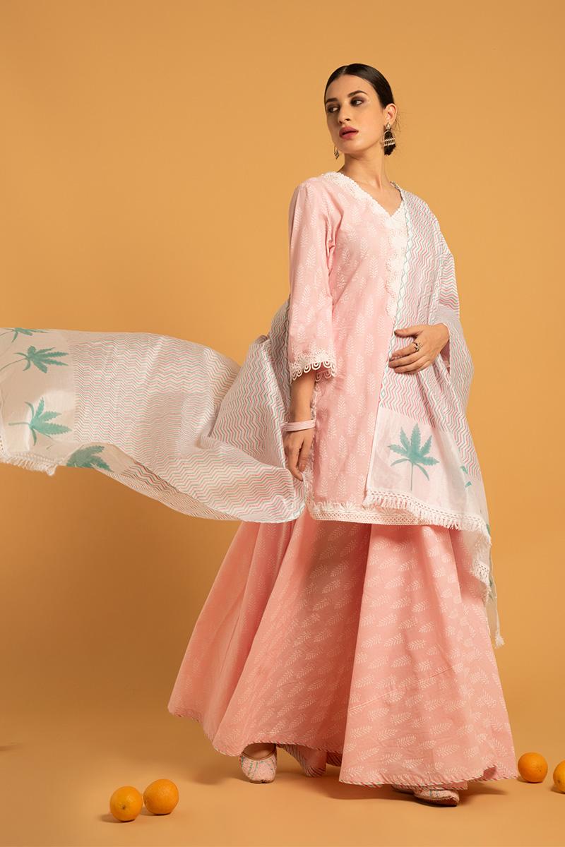 Pink Hand Printed Cotton Mandakini Gulabi Kurta Skirt Set