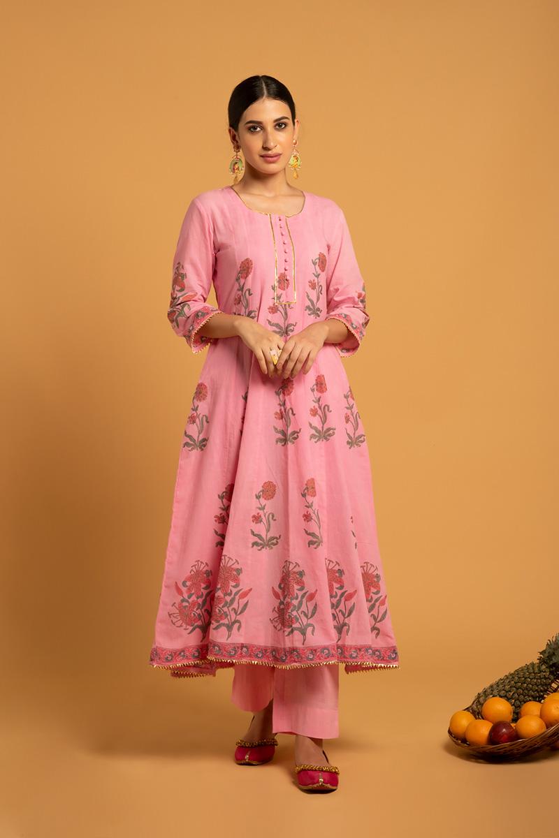 Pink Hand Printed Cotton Gulaab Bagiya Kurta set