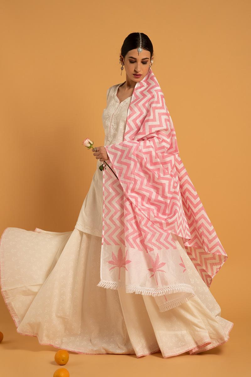 White Hand Printed Cotton Mandakini Shwet Kurta Skirt Set