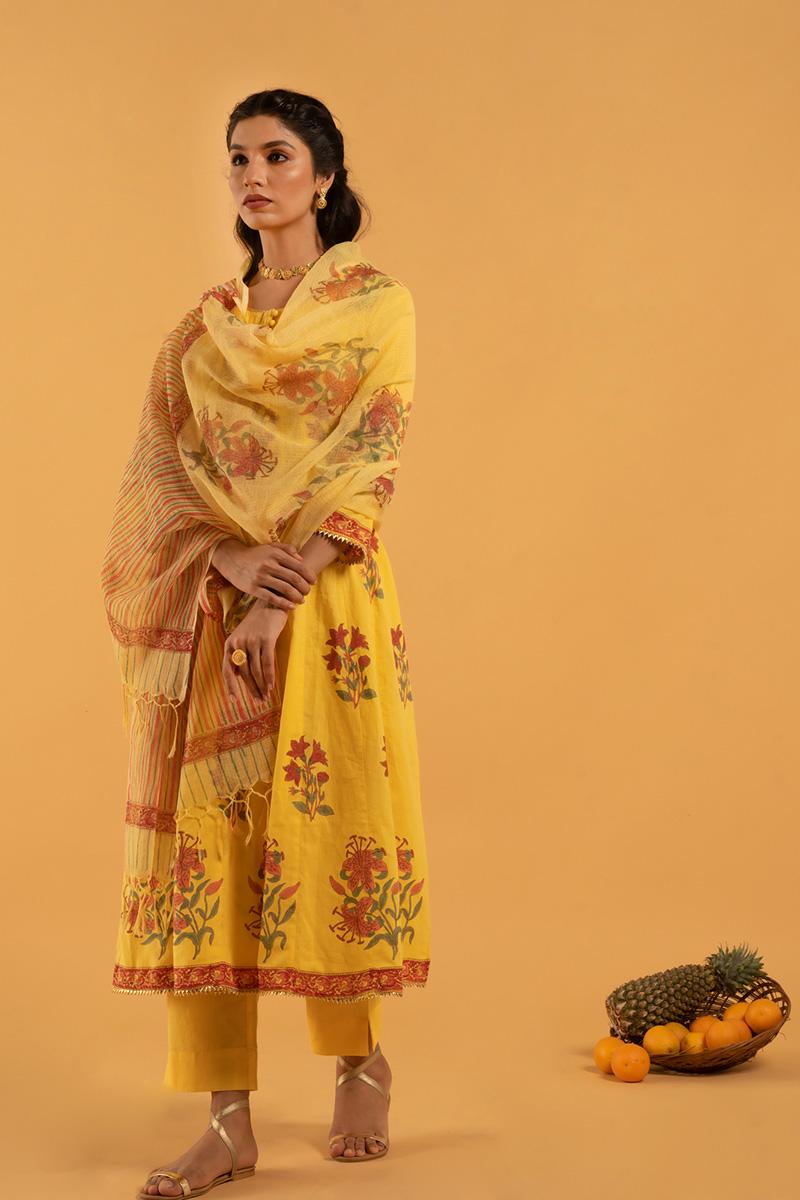 Yellow Hand Printed Cotton Basant Gulaab Kurta set