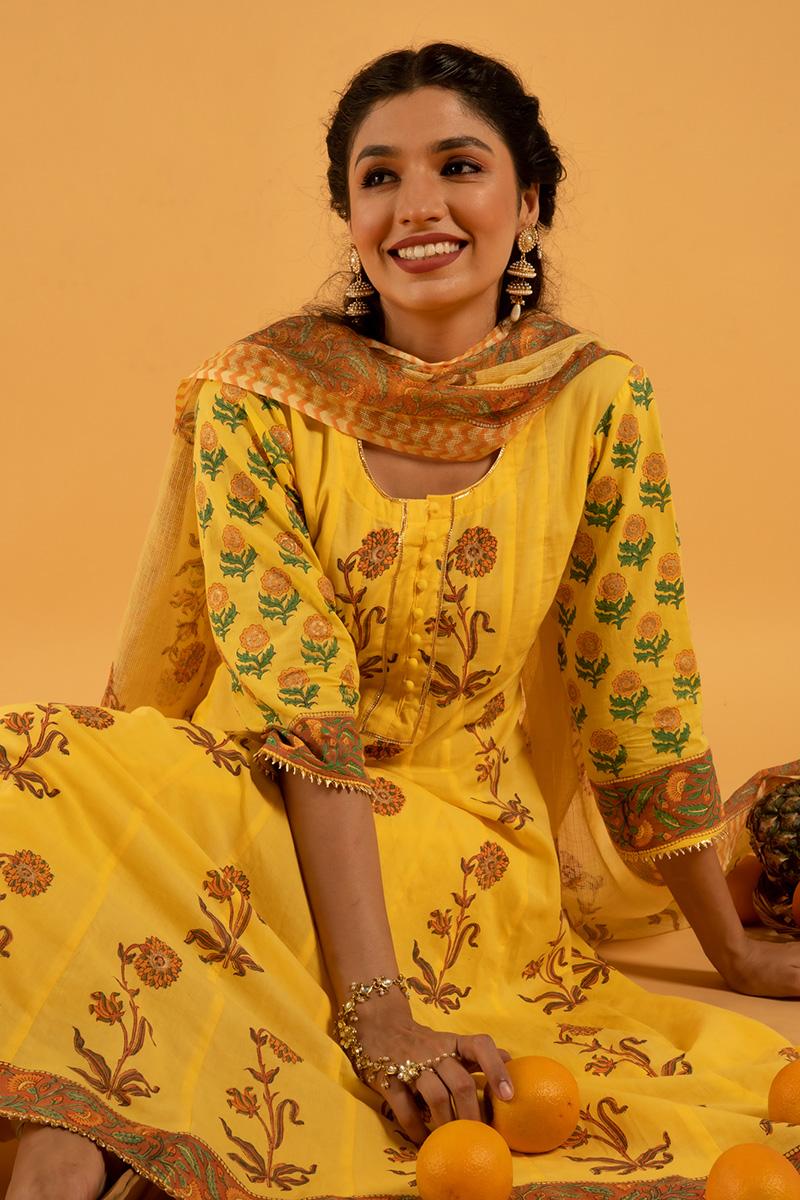 Yellow Hand Printed Cotton Surajmukhi Basant Kurta set